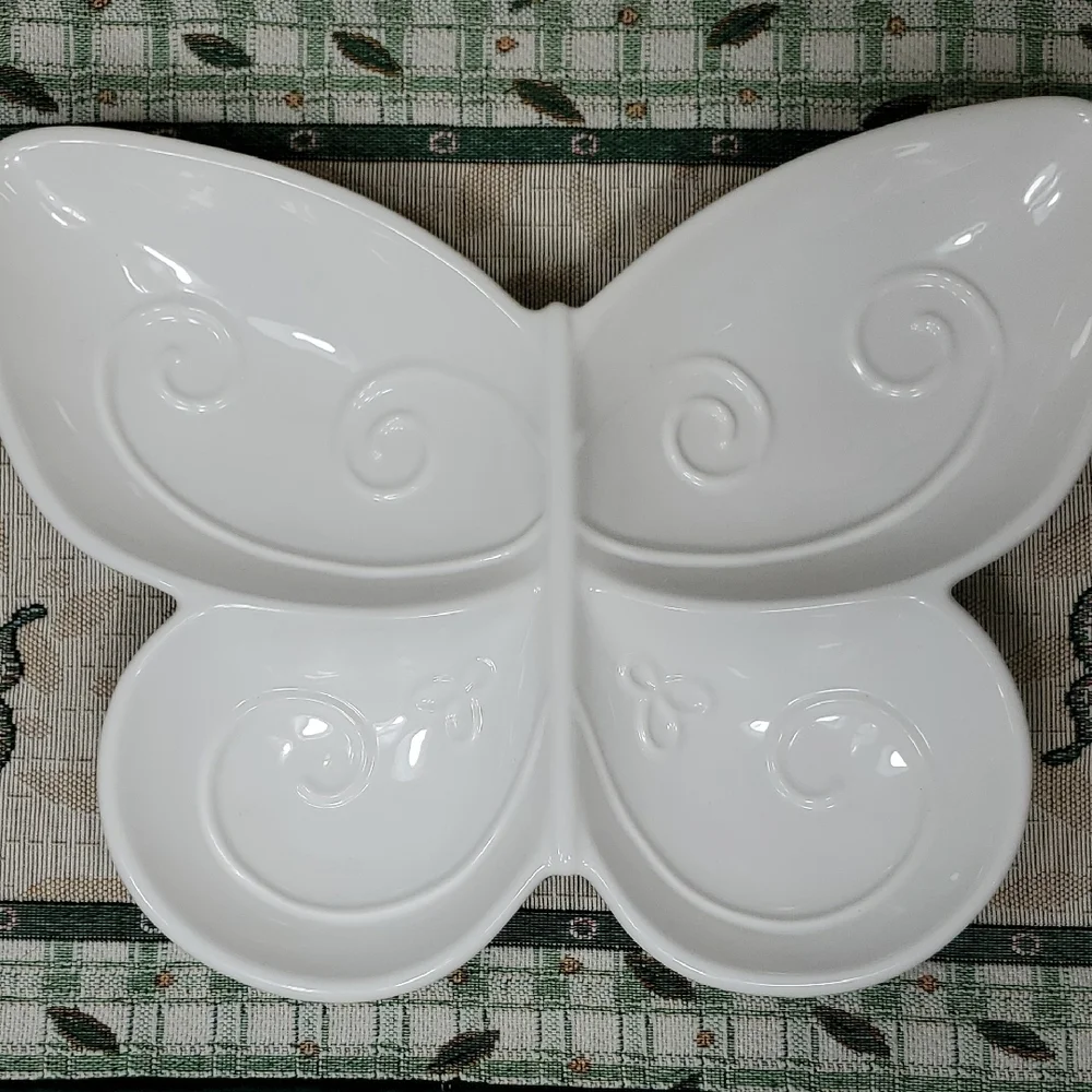 White Butterfly Divided Ceramic Serving Dish Tray Plate